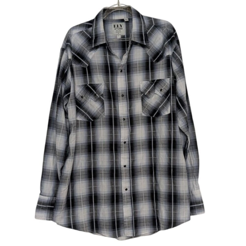 Ely Cattleman Plaid Shirt Mens Size Large Black Western Cowboy Snap Front
